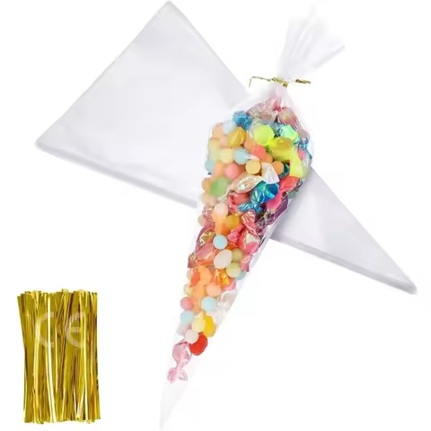 50Pcs Clear Cone Candy Bags Food Snack Packaging Plastic Bag With Ties Wedding Birthday Party Favors Decoration DIY Gift Bags