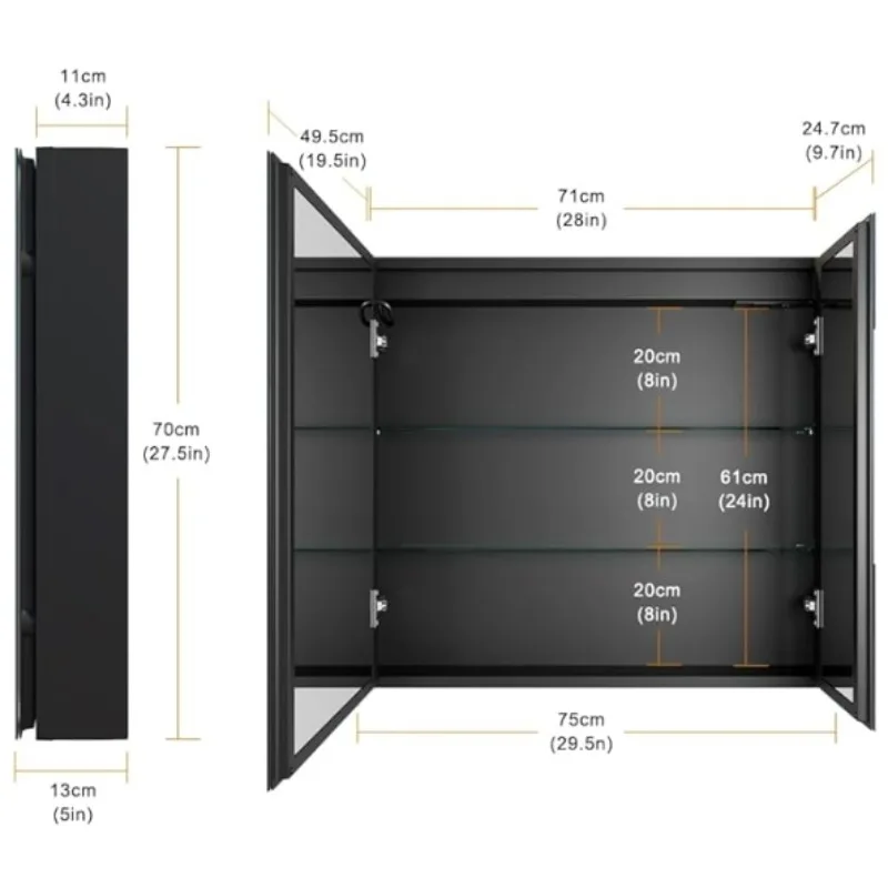 30 x 28 Inch Double Doors LED Lighted Bathroom Medicine Cabinet, Defogger, Dimmable, 3 Color Light Makeup Mirror, Outlets & USBs