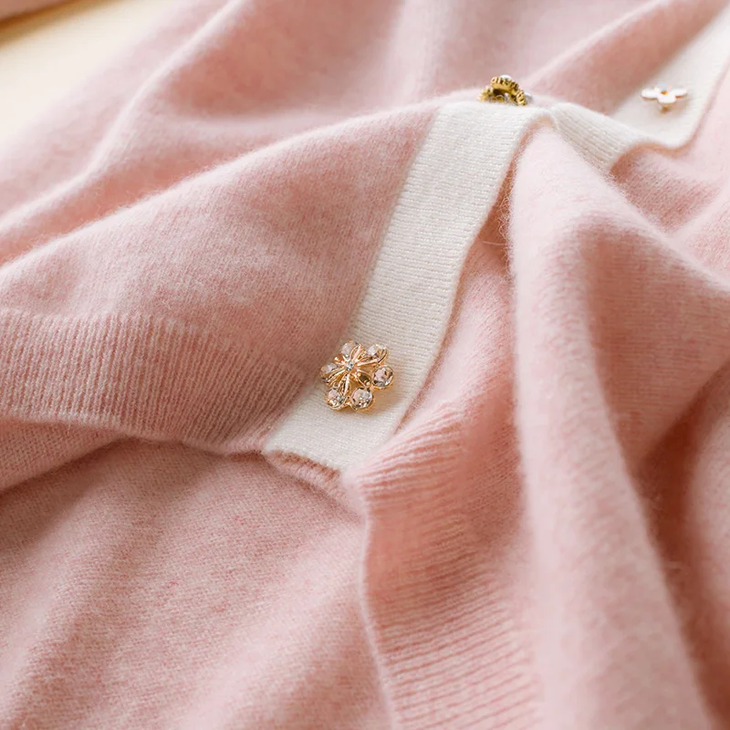 2022 New 100% pure wool sweater Women's autumn/winter Cashmere V-neck sweater pearl button cardigan