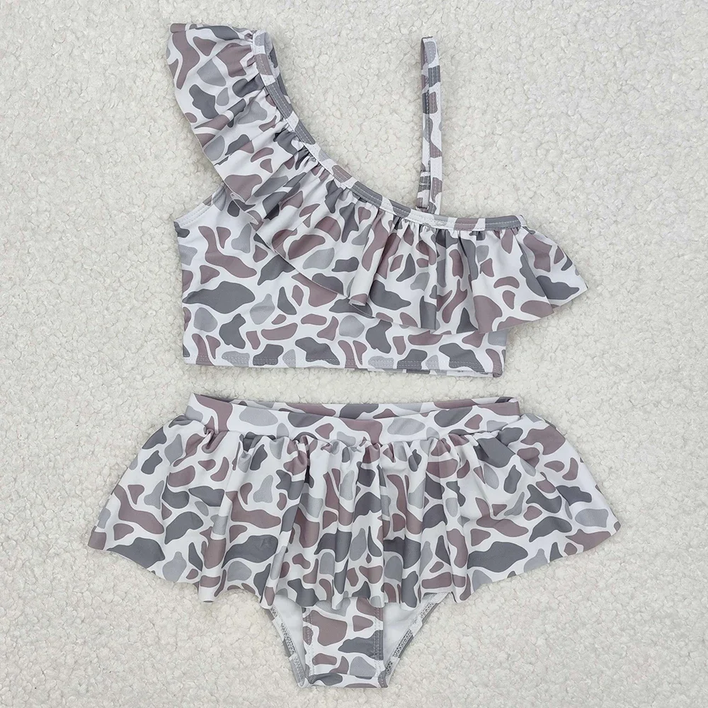 Hot Sale Baby Girls Gray Camo Ruffle Top Ruffle Bummie 2pcs Swimwear Girls Swimsuits Bathing Suits Boutique Kids Swim Clothes