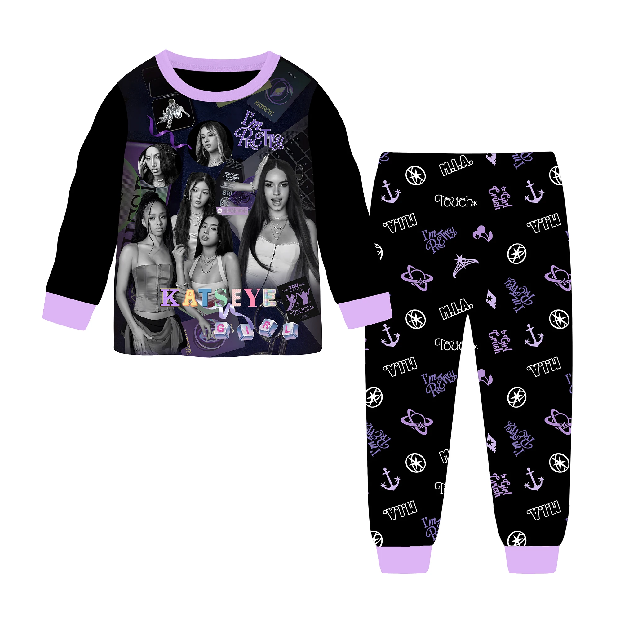 Mädchen Katzenaugen-Pyjama-Set Homewear MANON SOPHIA LARA MEGAN Musik Schlafanzüge 2-teilig Langarm-Pyjamas Nachtwäsche Kinder- und Jugendkleidung