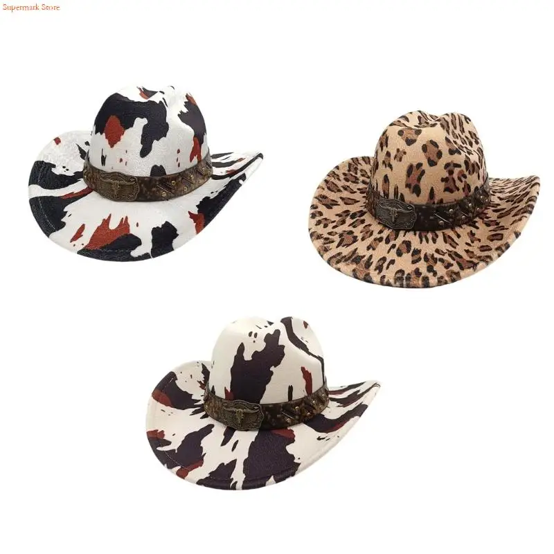Q5WE Western Cowboy Hats with Adjustable Size and Cow for Outdoor Ridings Special Event Dressingup Headwear