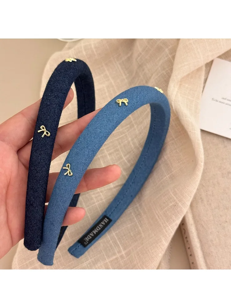 Vintage bleu Denim bandeaux doux nœud papillon rembourré bandeaux élégant solide antidérapant chapeaux femmes mode élastique pour cheveux chapeaux