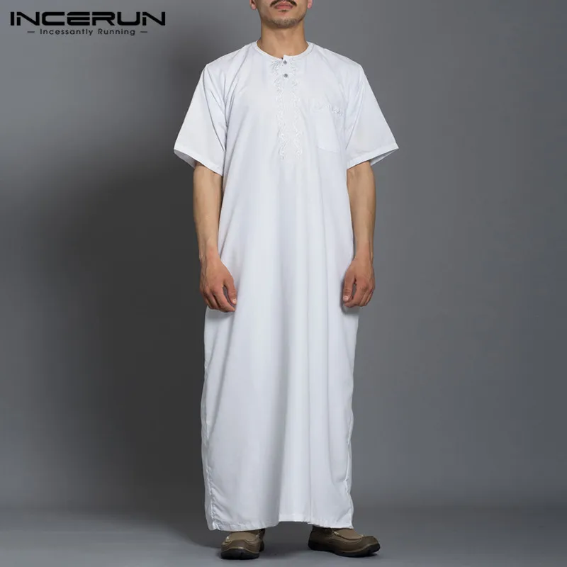 INCERUN 2024 Man Vintage Solid Color Muslim Kaftan Long Shirts Jubba Thobe Fashion Long Robes Short Sleeve Round Neck Robe S-5XL