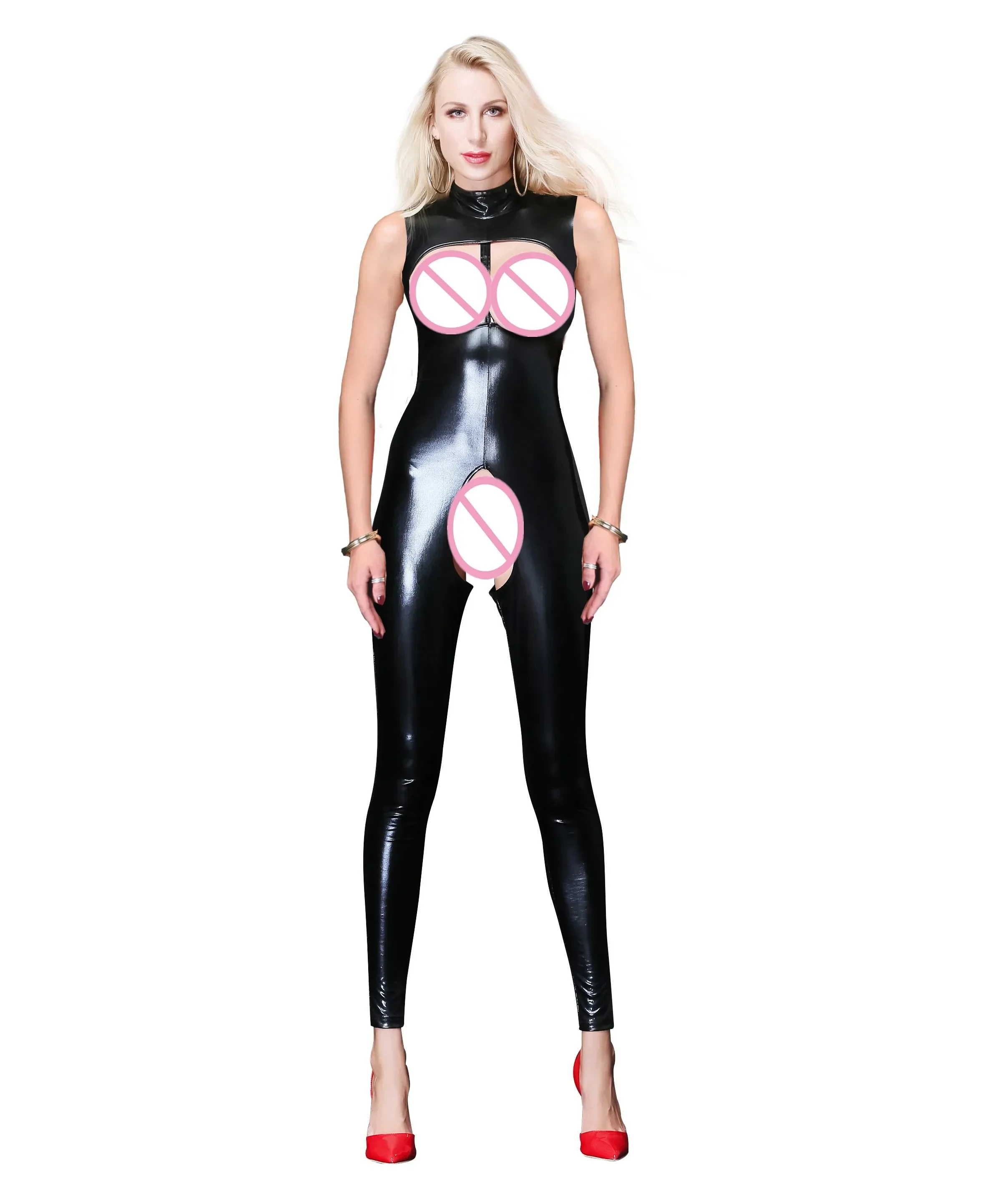 Sexy Women Lingerie Wetlook Leather Jumpsuits PVC Latex Bodysuit Catsuit Open Crotch Clubwear Fetish Erotic Breast Exposing