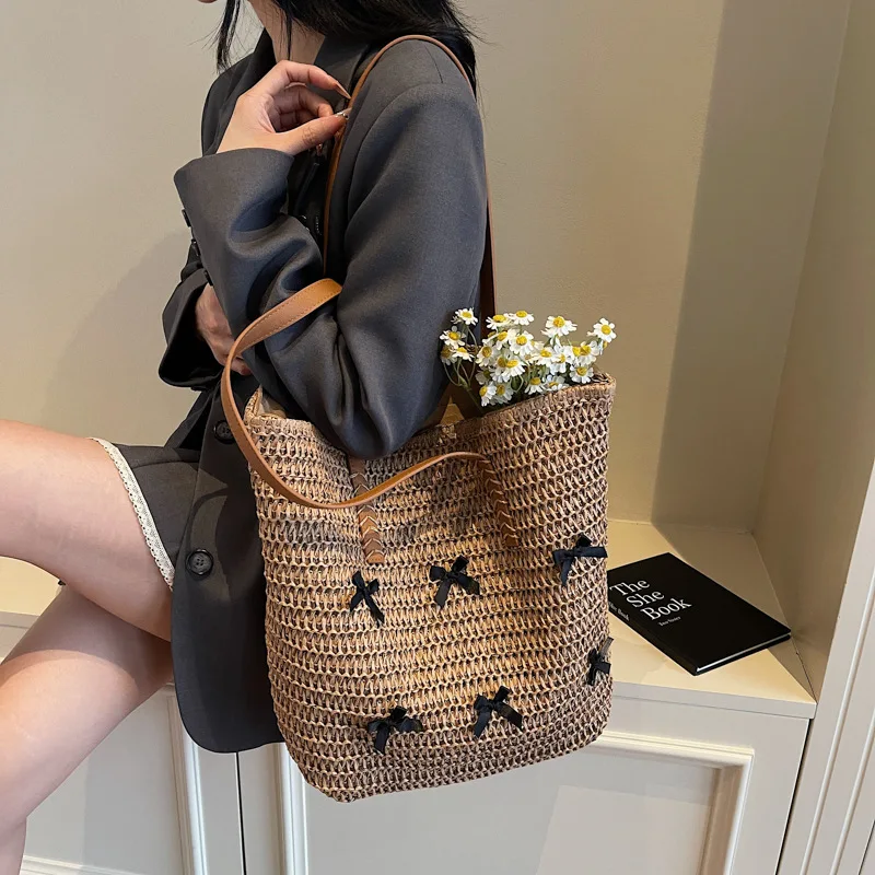 

​​Oversized Solid Woven Tote Bag, Beach Vacation Essential Large Capacity Carryall Purse Women Minimalist Shoulder Bag All