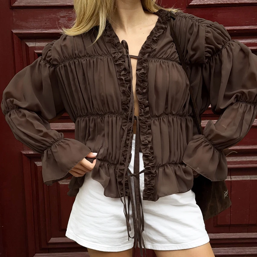 

Linad Vintage Brown Flare Sleeve Shirts Female 2025 Autumn Elegant Ruffled Collar Blouse Woman Street Chic Lace Up Tops Winter
