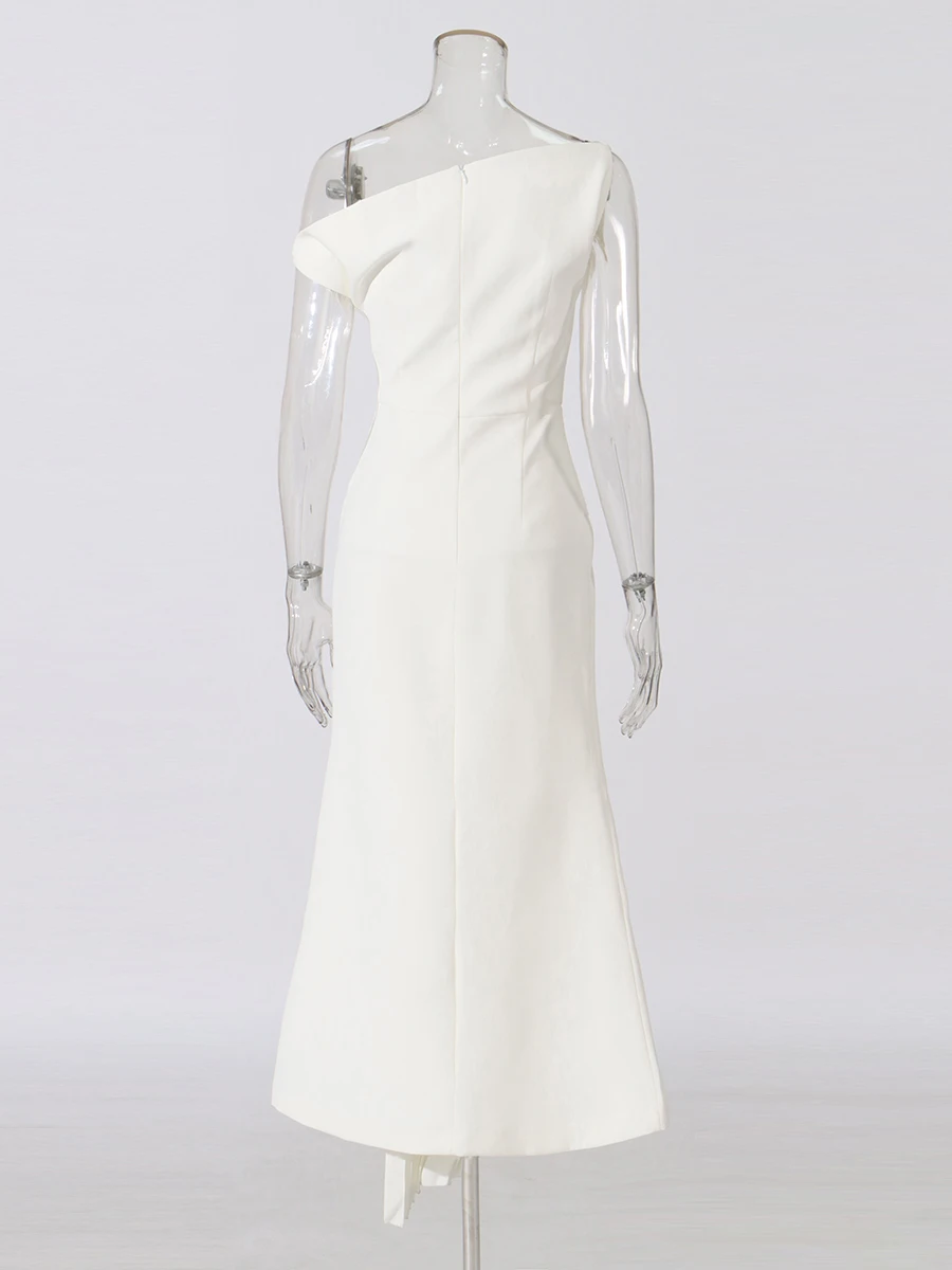 Eleganckie sukienki midi wyszczuplające dla kobiet z asymetrycznym dekoltem, odkrytymi ramionami, patchworkiem i zakładkami, odzież damska, nowość.