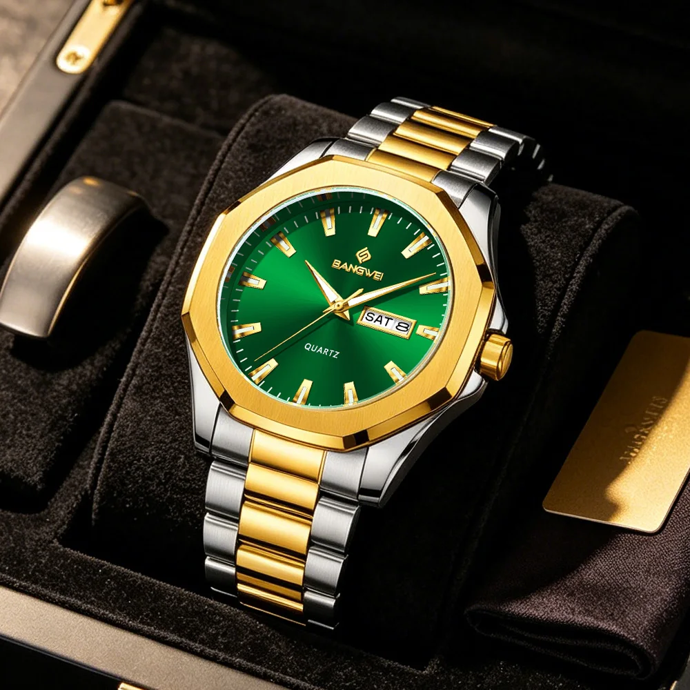 BANGWEI Luxury Men Watch Business Fashion Golden Green Stainless Steel Strap Quartz Watch For Men Date Week Clock+Box