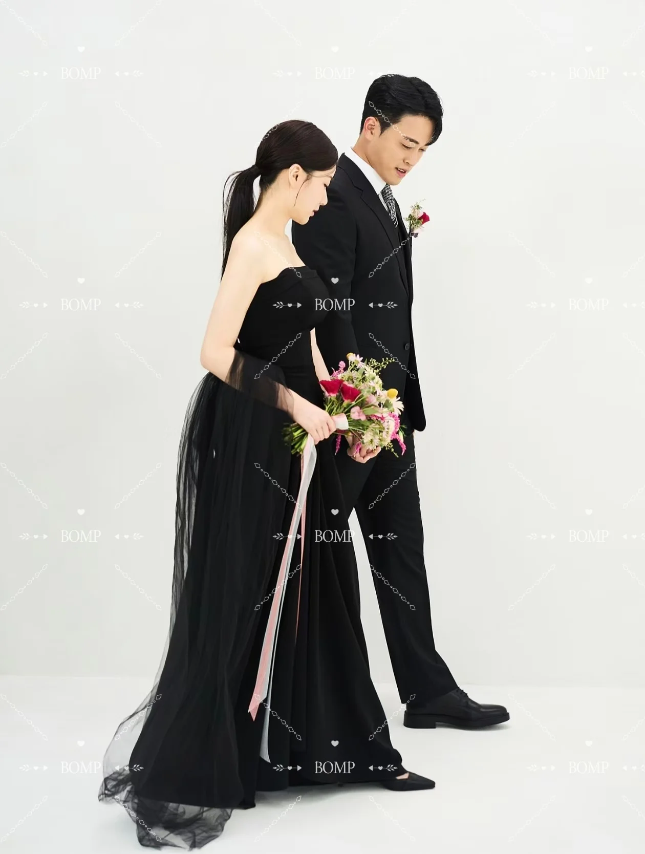 BOMP 카식 블랙 웨딩 파티 드레스 스트랩리스 A라인 새틴과 튤 이브닝 드레스 한국 사진 촬영 신부 드레스 맞춤 제작