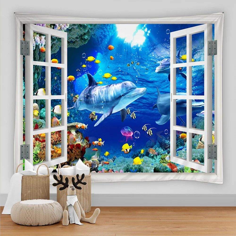 

3D Digital Printing Tapestry Psychedelic Ocean World Sea Fish Dolphin Tapestry Wall Hanging Marine Animal Home Decoration