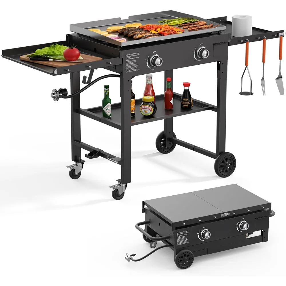 

Складная газовая сковорода - 28 дюймов, уличная пропановая сковорода, портативный газовый гриль с плоским верхом - 30000 БТЕ, пропановая горелка, 2 конфорки