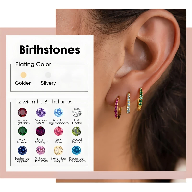 St-Delan 12 Months Birthstone Hoop Earrings Gold Plated 12 Colors Zircon Hoop Earrings for Women Jewelry Bulk