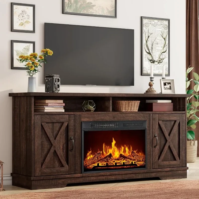 AMERLIFE Farmhouse TV Stand with  Fireplace, for TVs up to 73