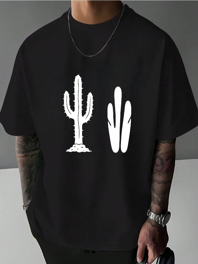 Simple Two Cactus Silhouette Print Mens Loose Oversized Crew Neck Short Sleeve Cotton Tee Desert Casual Summer Streetwear Top