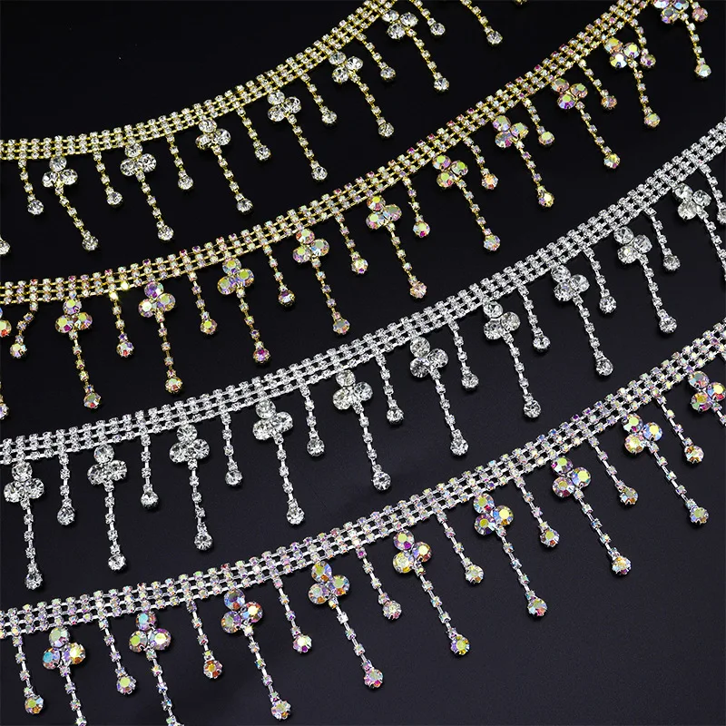 

Sparkle Diamond Rhinestone Fringe Chain Crystal Rhinestones Applique Tassel Trim Sew on Dress Hat Clothing Diy Accessories Decor