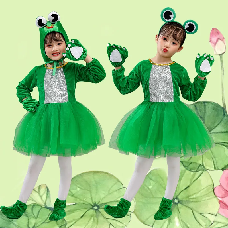 Halloween Cartoon Animal Green Frog Costumes Dress Performance Dance Clothes Cosplay for Adult Teens Children's Boy Girls