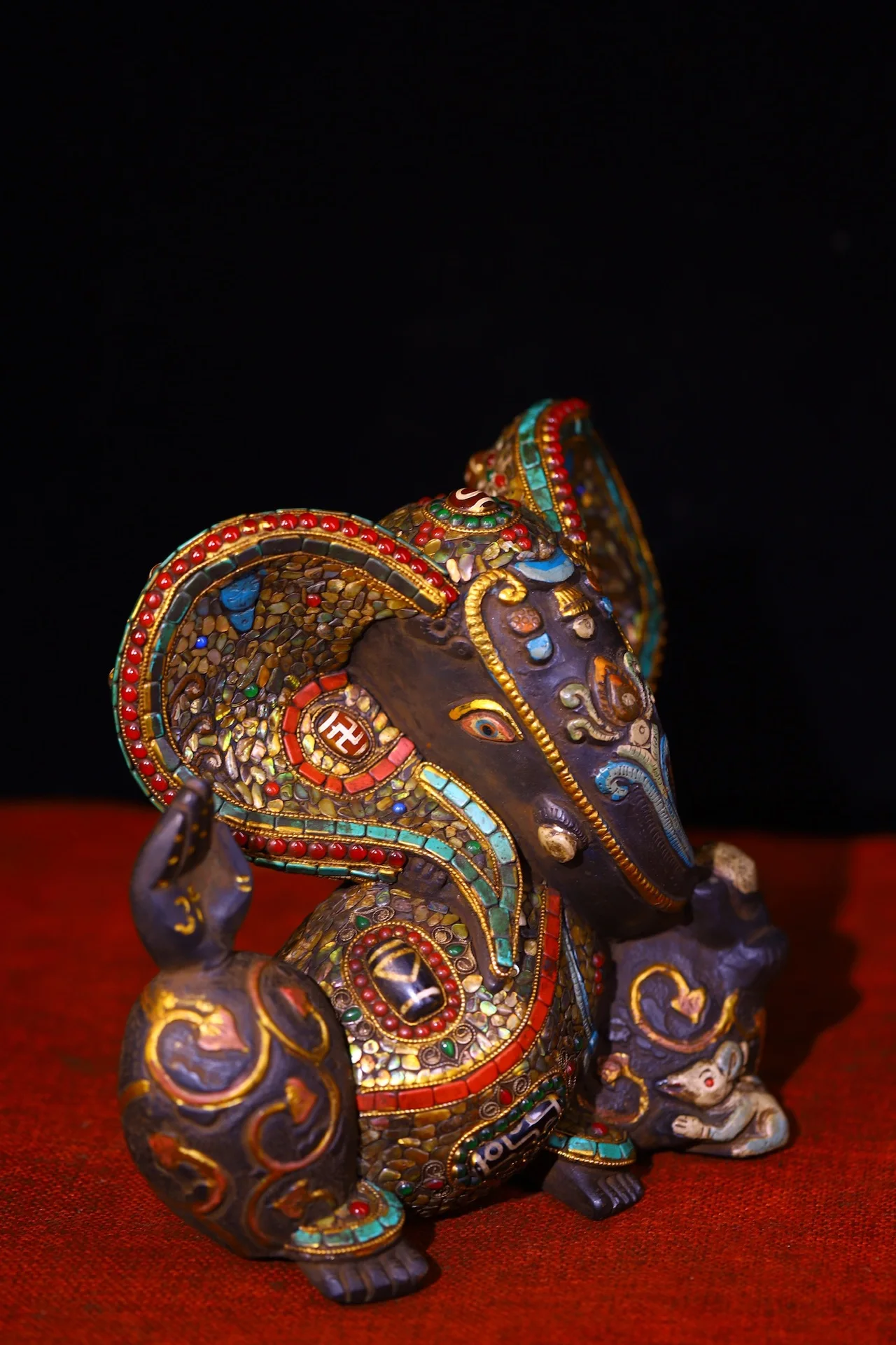 الشعب النيبالية القديمة البرونزية فسيفساء جوهرة gZi الخرز قذيفة GANESH بوذا الفيل جذع إله الثروة قاعة العبادة