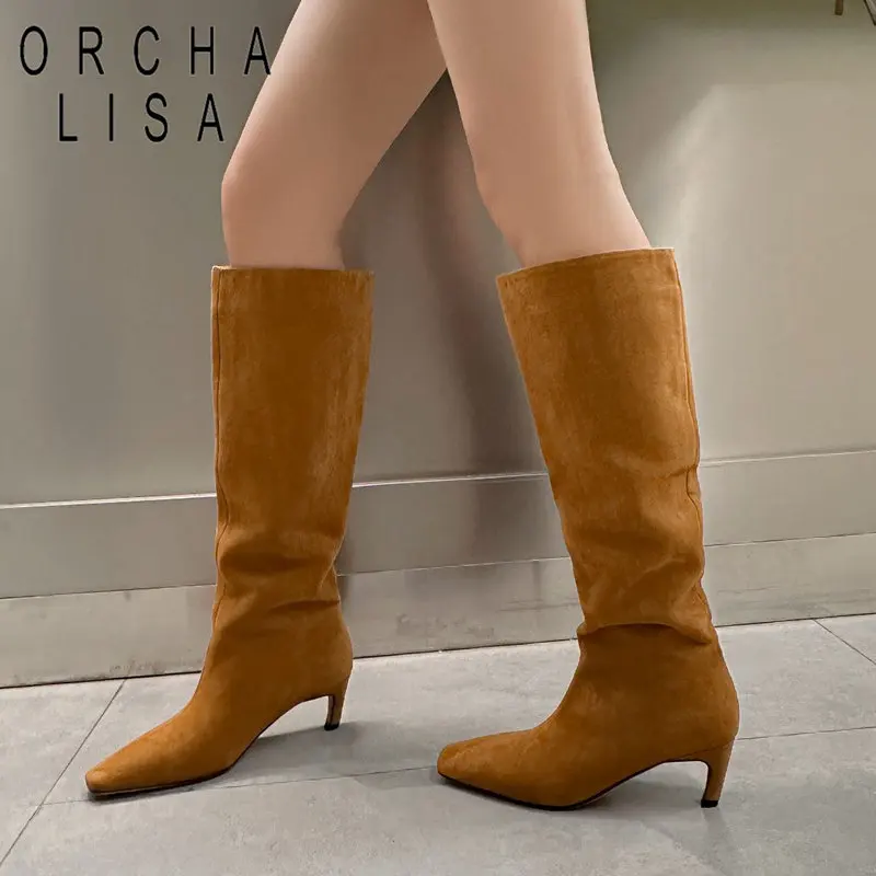 

ORCHA LISA Genuine Leather Women Knee High Boots 26cm Square Toe Thin Heels 5.5cm Slip On Pleated Big Size 40 Wide Female Booty