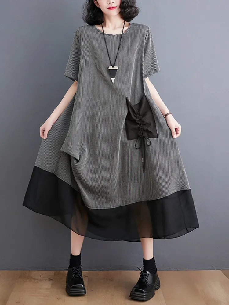 

Oversized Summer Long Dress Women Irregular Pleated Mesh Patchwork Ladies Dresses Casual Loose Modis Dress Woman 2024 B17