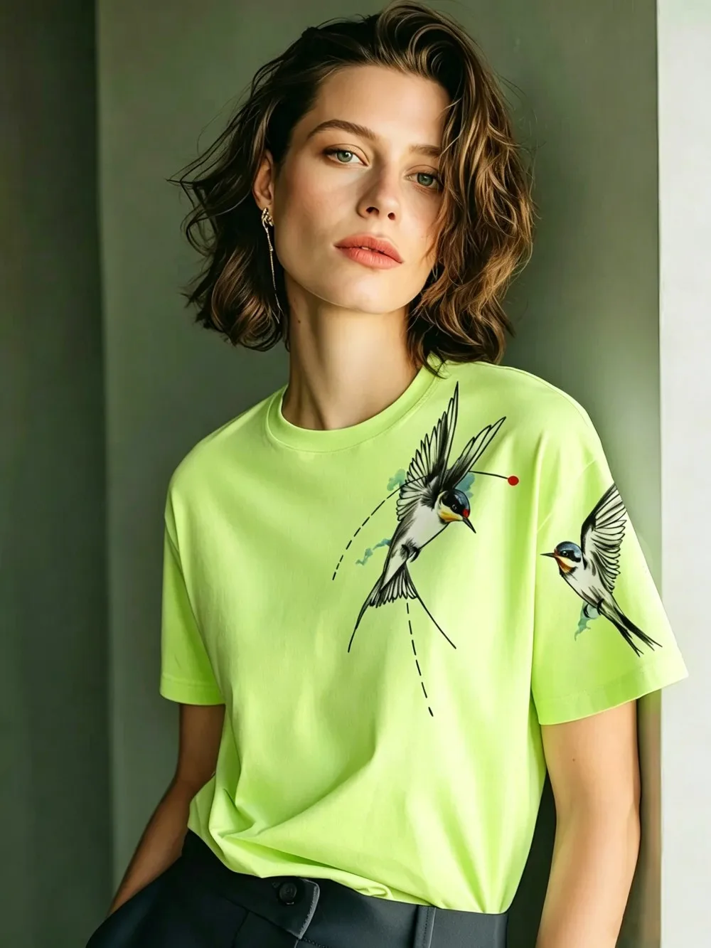 Flying Swallows Prints Baumwoll-T-Shirts für Damen, Sommer-Kurzarm-T-Shirts, O-Ausschnitt, weiche, übergroße Oberteile, einfache, bequeme Kleidung – Detail 17