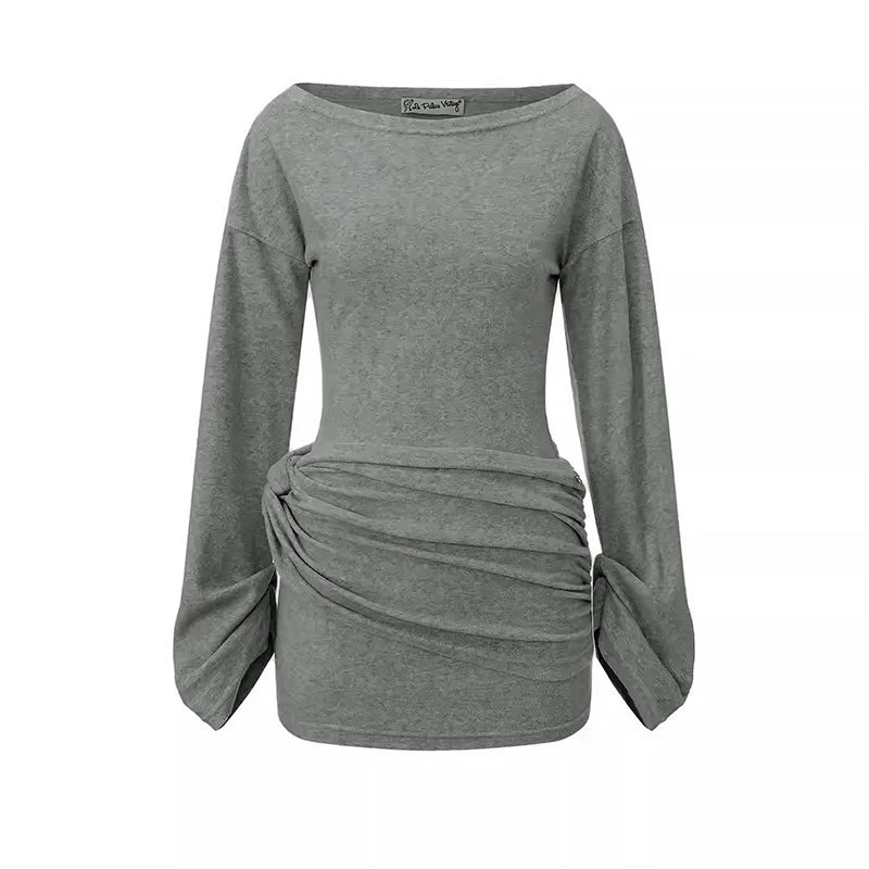 Womens One shoulder long sleeve short dresses trend 2025 Autumn solid Elegant Casual Youth fashion Pleated Slim fit mini dress