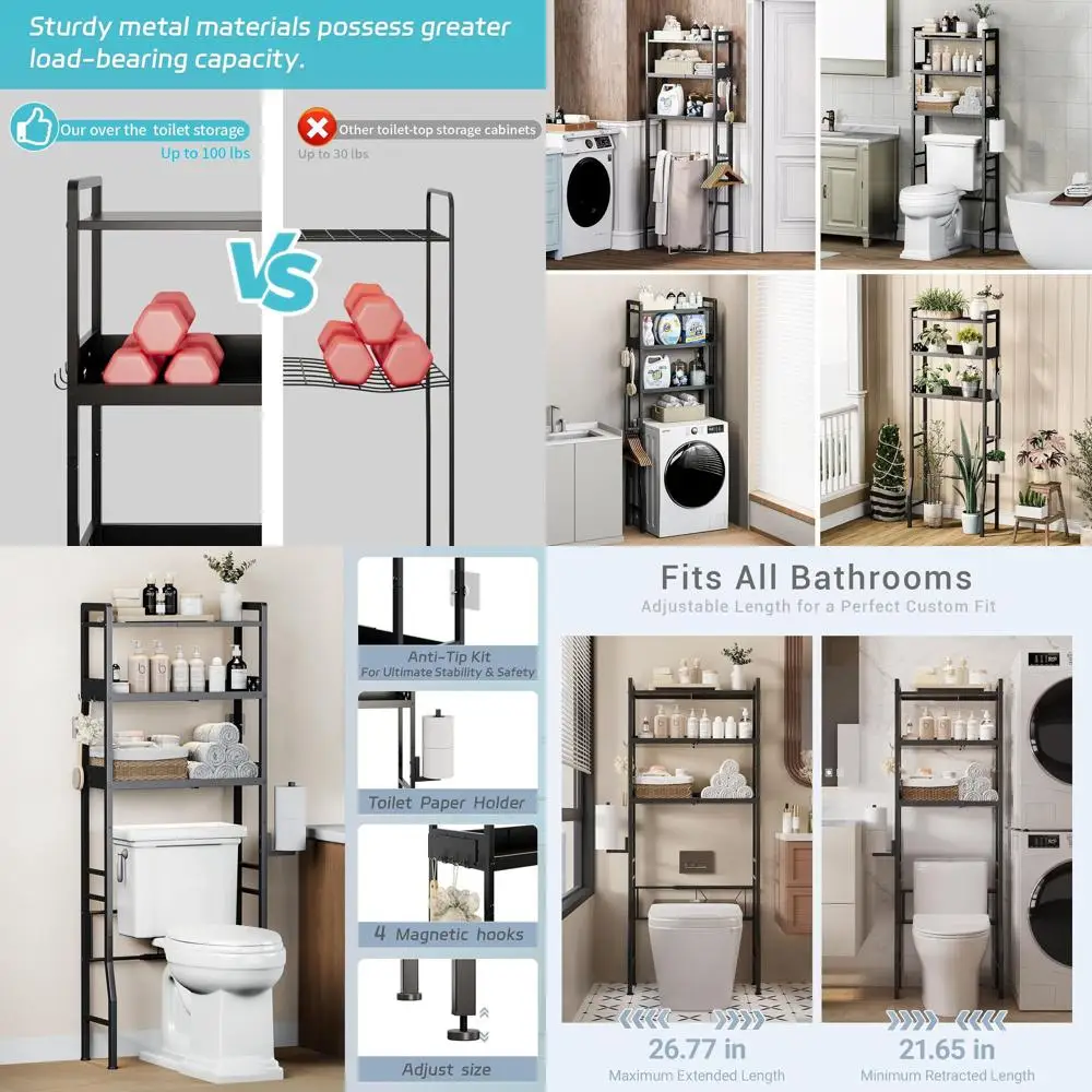 

3-Tier Adjustable Bathroom Organizer with Paper Holder & 4 Hooks for Toilet Storage and Space Saving