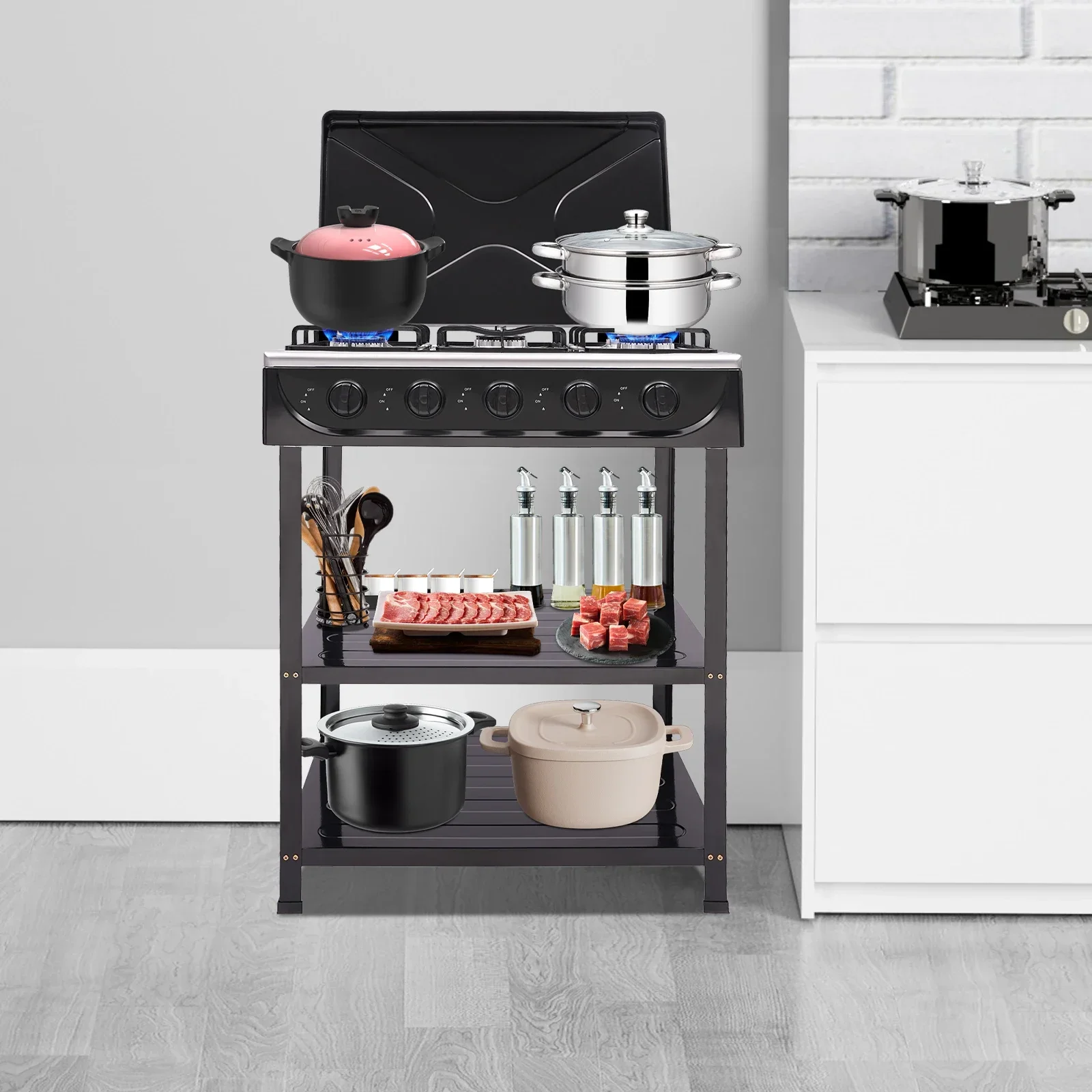 موقد غاز طبيعي محمول إشعال يدوي مع 5 شعلات وغطاء حجب الرياح للتخييم وصيد الأسماك والأنشطة الخارجية للسفر في الهواء الطلق