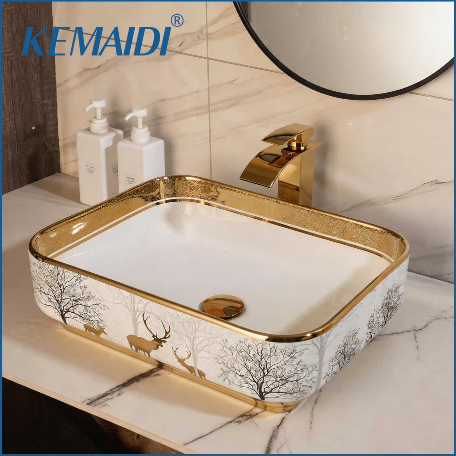 KEMAIDI Gold Trim Deer Pattern Rectangular Ceramic Vessel Sink Gold Waterfall Faucet Combo Set, Large Countertop Wash Basin