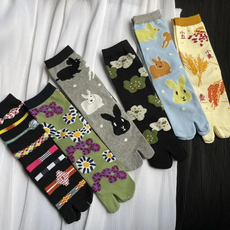 Cartoon Art Tabi Socks For Women Japanese Harajuku Split Toe Socks High Quality Combed Cotton Thin Crew Cute Two Toe Socks