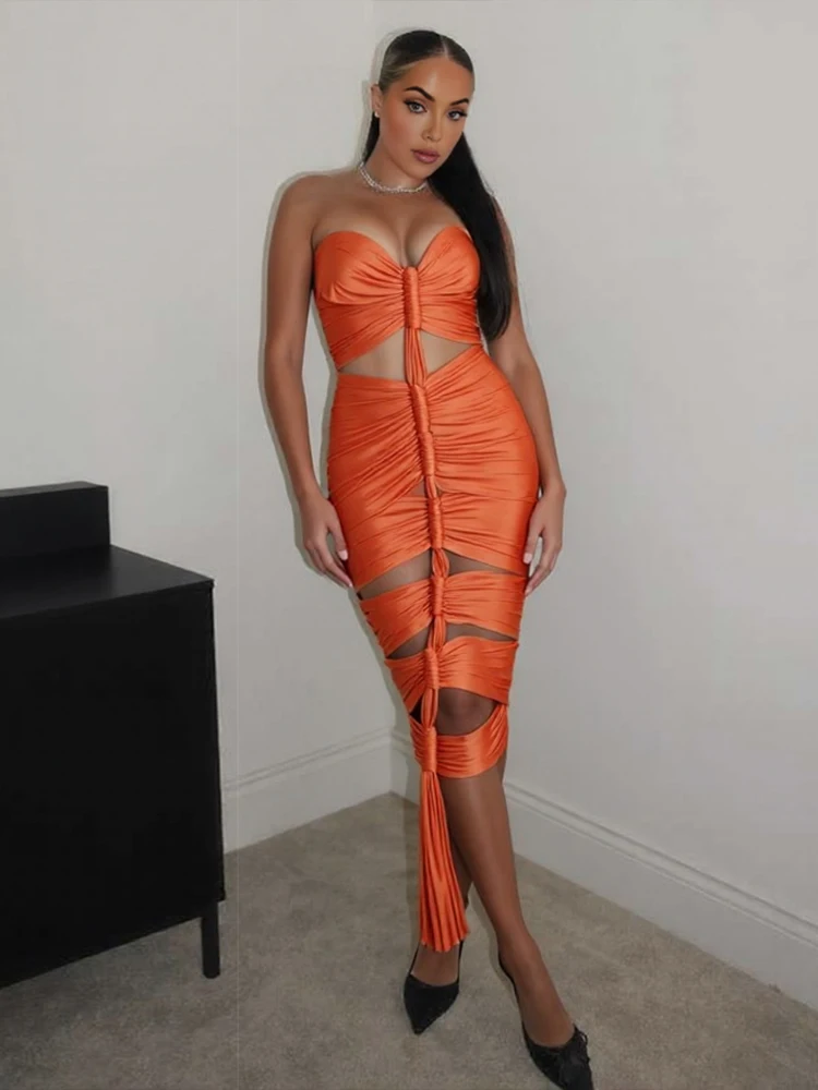 Weird Puss Sexy Tassel Hollow Dress Women Strapless Ribbon Ruched Silky Fashion Elegant Hottie Peach Hip Skinny Clubwear Bodycon