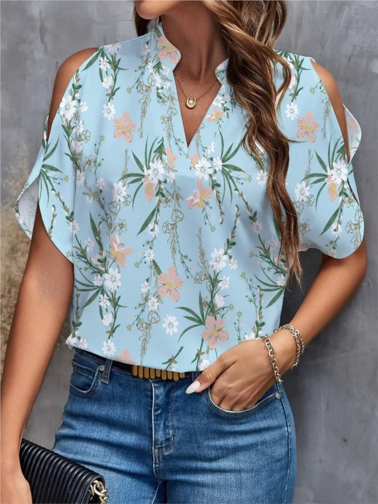 Sexy V Neck Short Sleeve Shirt Blouse Tops Office Lady Spring Summer Casual Loose Flower Print Tshirt For Women 2024 Female Tees