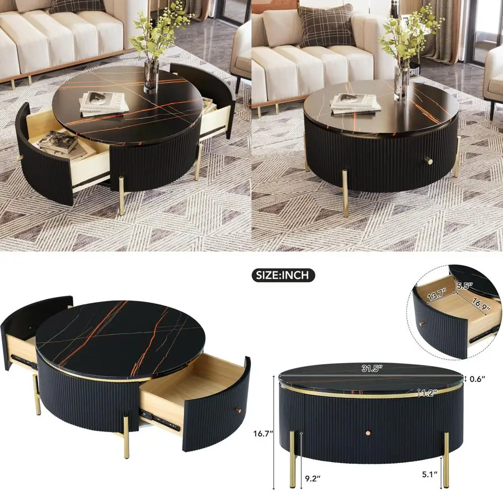 Modern Black and Gold Round Coffee Table with Drawers, Drum Style Marble Top Center Table with Golden Legs