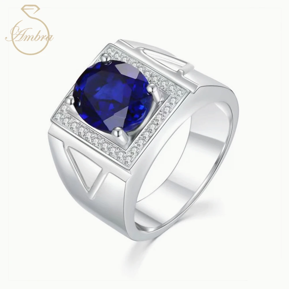 

Ambra Jewelry 18K White Gold Colour Trendy Men's Ring in Platinum Plated Sterling Silver Layer EX CUT 5ct Sapphire