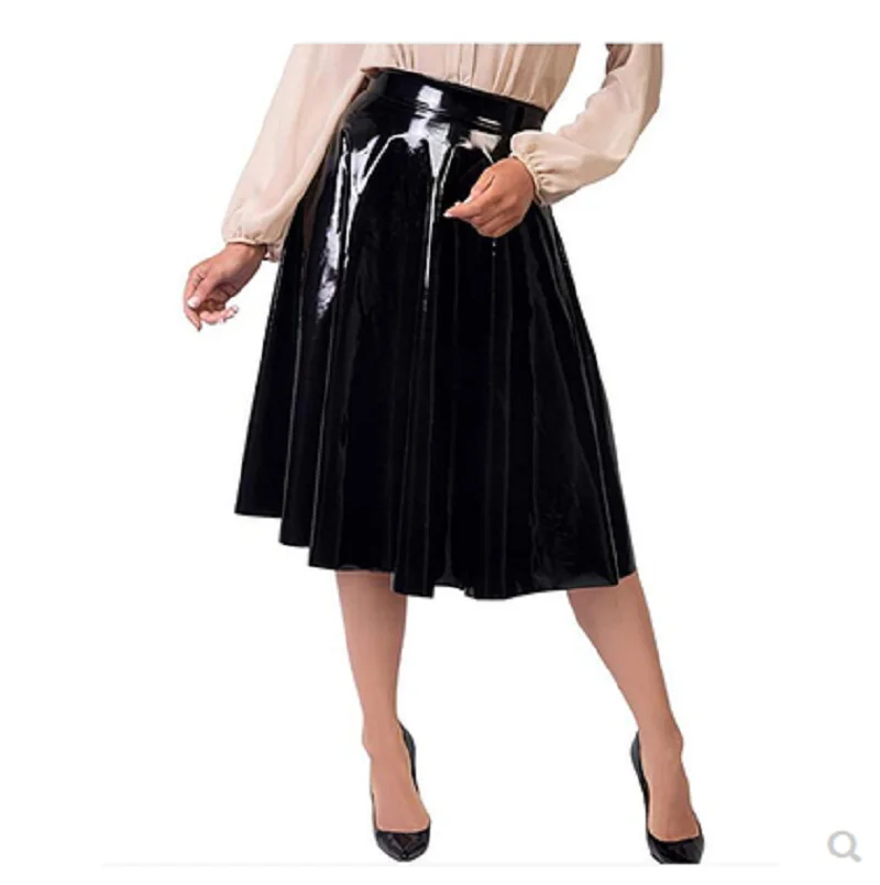 PVC Pleated Mid Length Skirt Half Skirt Women's Retro knee Length High Waist Skirt Formal Party Dress Customization