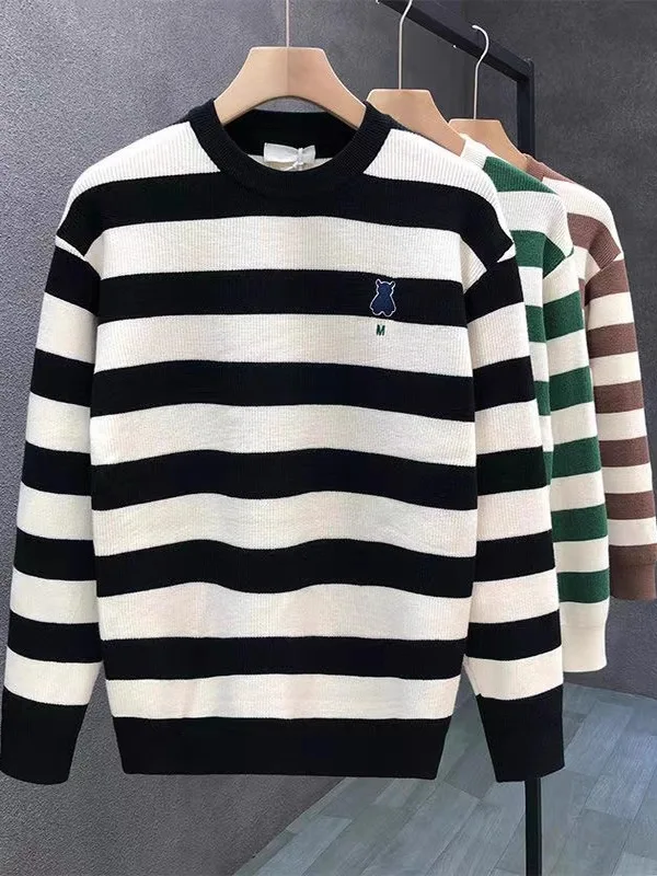 

Утепленный мужской вязаный свитер с длинным рукавом и круглым вырезом в полоску, модный, теплый, зимний, новинка, повседневная одежда