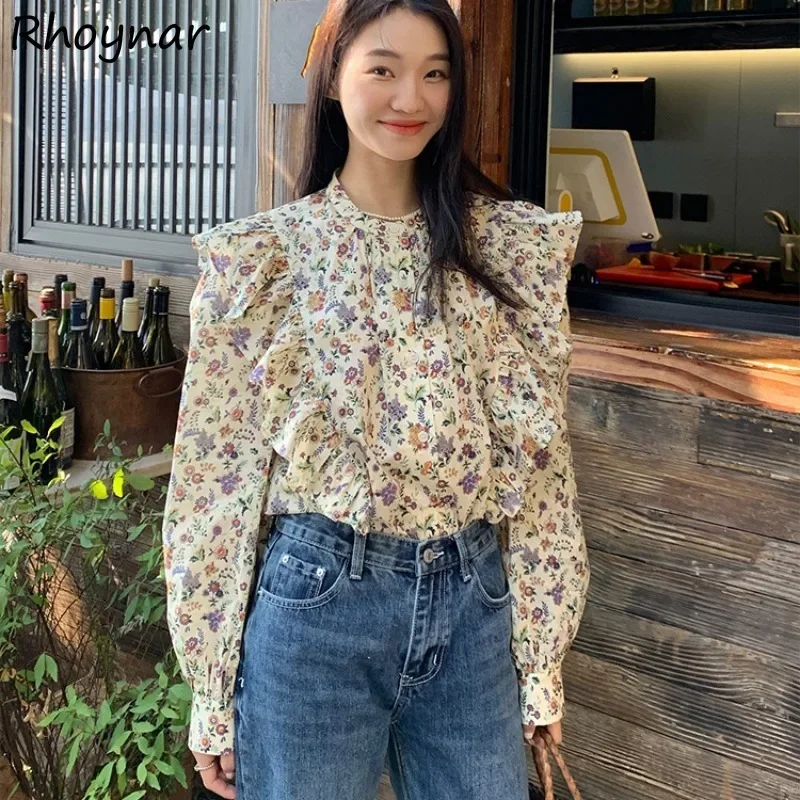 

Floral Shirts Women Spring Sweet Girls Ruffles Designed Gentle Elegant All-match Baggy Aesthetic Korean Style Trendy Casual Cozy