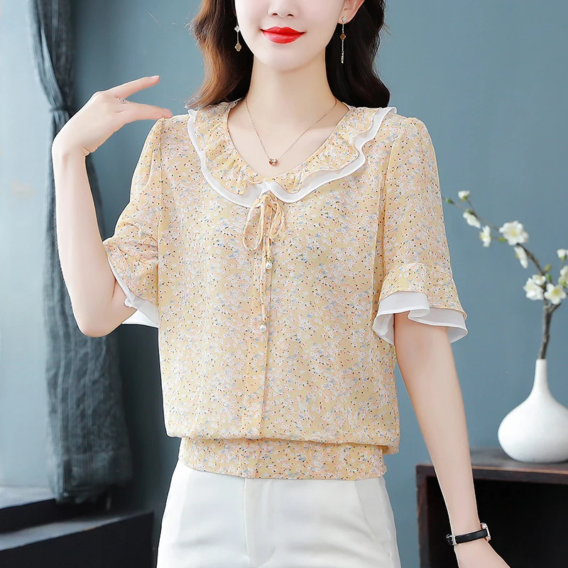 Summer New Short Sleeve O-Neck Women Blouse Casual Print Chiffon Blouse Shirt Women Tops Blusas Mujer De Moda 2024 Verano A238