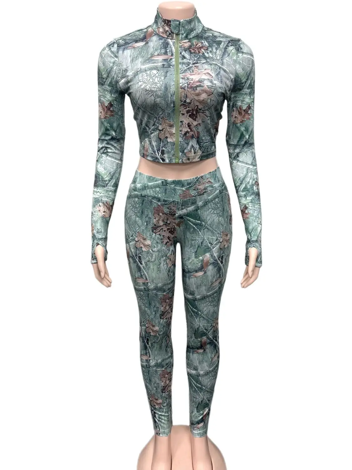Cutenew Women Tracksuit Chic Twig Print Two Piece Set Tight Stretch Full Sleeve Crop Jacket+Leggings Matching Streetwear Outfits