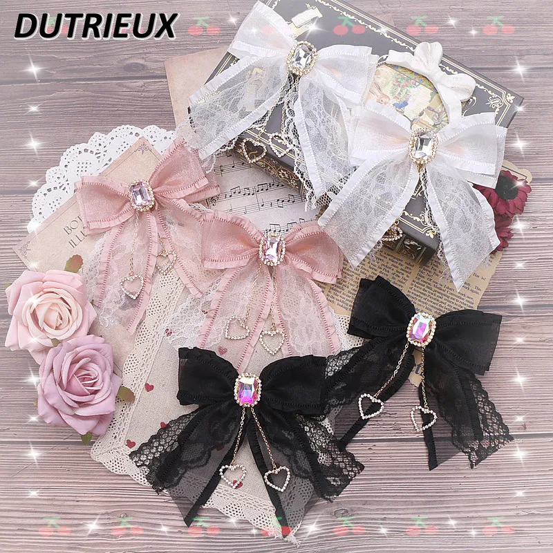 

Japanese Style Sweet Cute Lace Hair Clip Women Hairpin Hot Rhinestone Love Pendant Barrettes Ladies Side Clip Hair Accessories