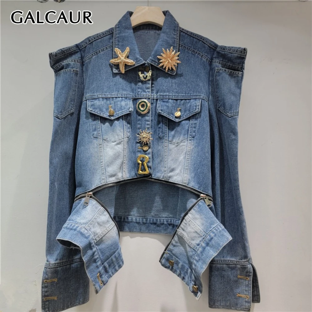 

GALCAUR синяя шикарная куртка на молнии, женская свободная уличная одежда с лацканами и длинными рукавами, женские куртки в стиле ретро, осенняя мода, новинка
