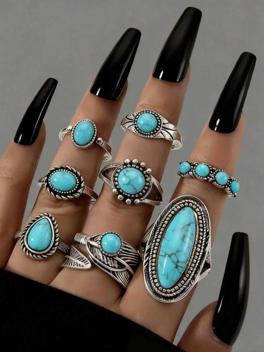 Juego de 8 Anillos Bohemios Vintage Plateados, Diseño Geométrico con Piedras Naturales y Plumas, Anillos Apilables Retro