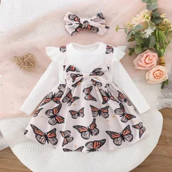 6 Months To 3 Years Old Spring And Autumn New White Long Sleeved Baby Girl Dress Floral Butterfly Bow Children'S Clothing