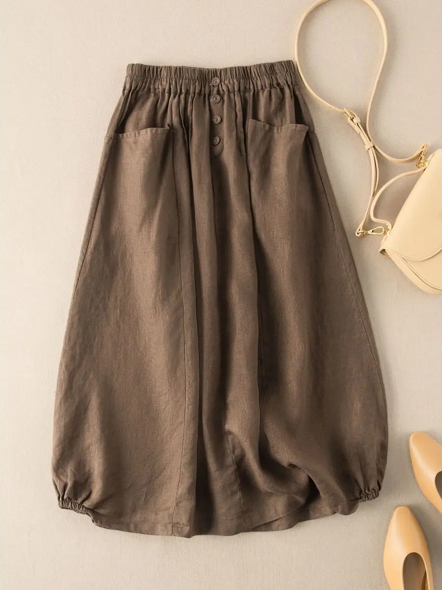 

Хлопково-льняная юбка трапециевидной формы в стиле ретро, свободная юбка-миди, летняя коллекция, женская модная брендовая юбка больших размеров, цветная юбка для поездок на работу