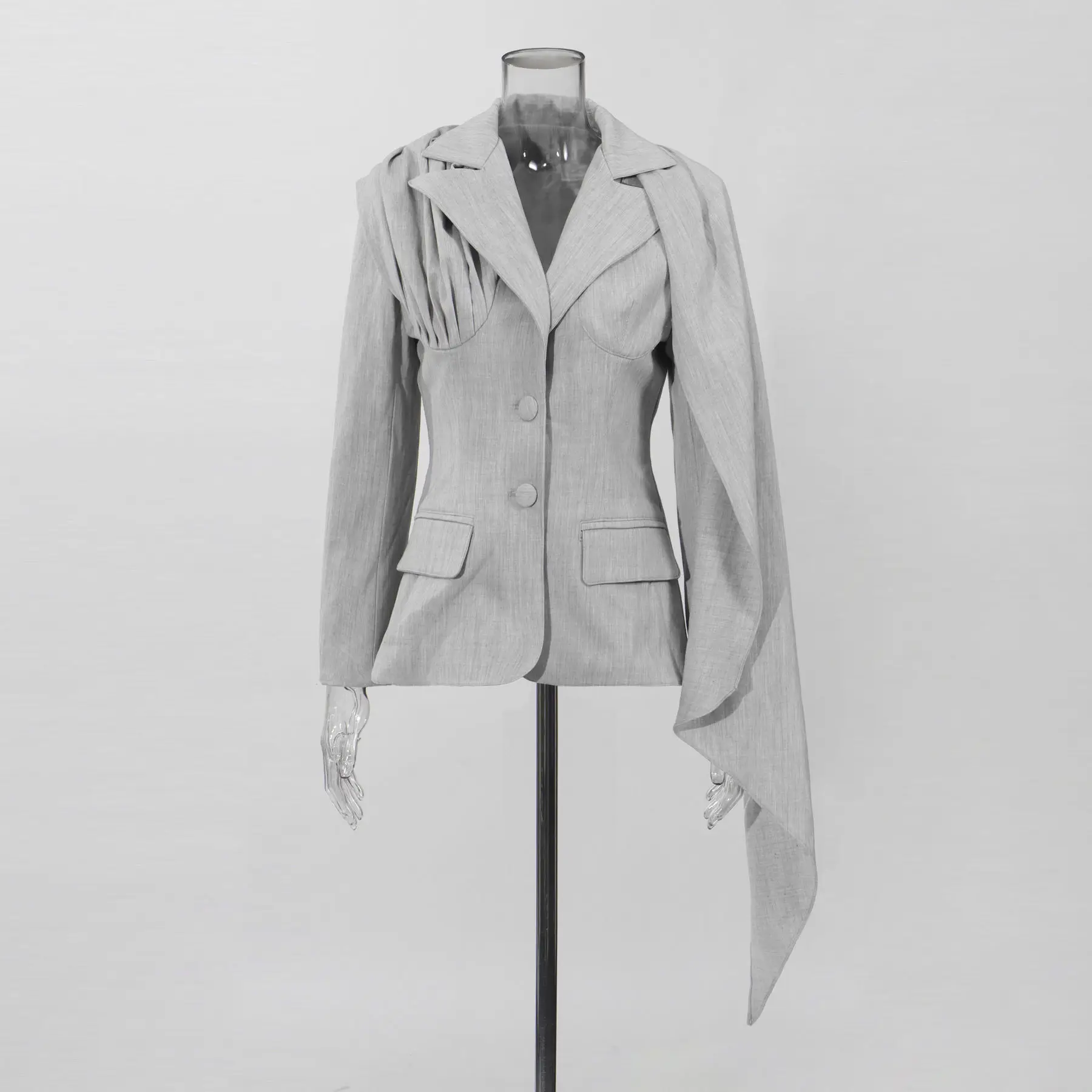 KWTX 2025 レディース 高級ブレザー スカーフカラー プリーツウエスト ヴィンテージ 無地 デザイナー エレガント シック 秋冬コート