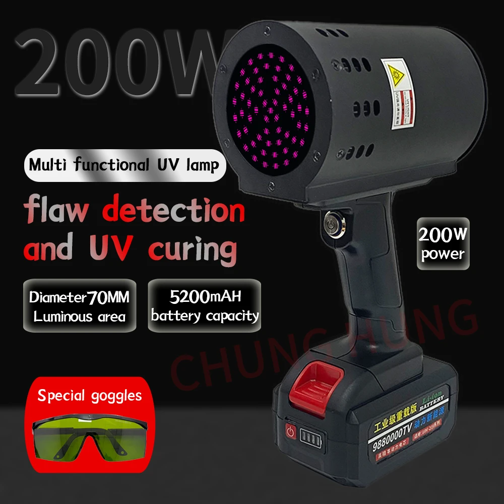 

УФ-лампа 200 Вт 365 нм для обнаружения дефектов автомобильной краски, мощная лампа для обнаружения дефектов, портативная ручная УФ-лампа для полимеризации.