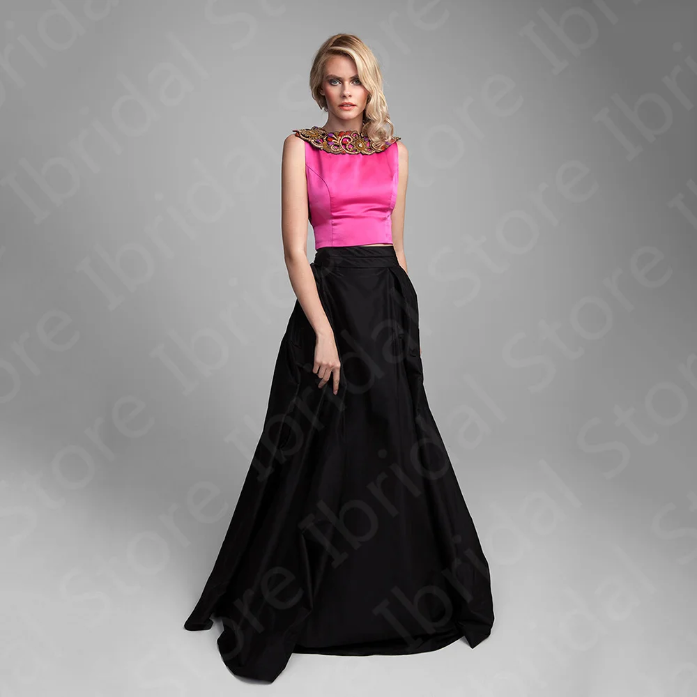 Unique Contrast Color Evening Dresses Two Pieces Wedding Party Gowns Sleeveless 2023 On Sale Prom  Black A line Skirt