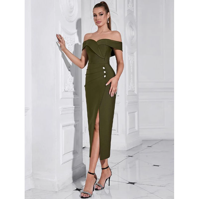 MSMUSI 2025 New Fashion Women Sexy Off The Shoulder Button Sleeveless Fold Backless Bandage Party Club Bodycon Event Midi Dress