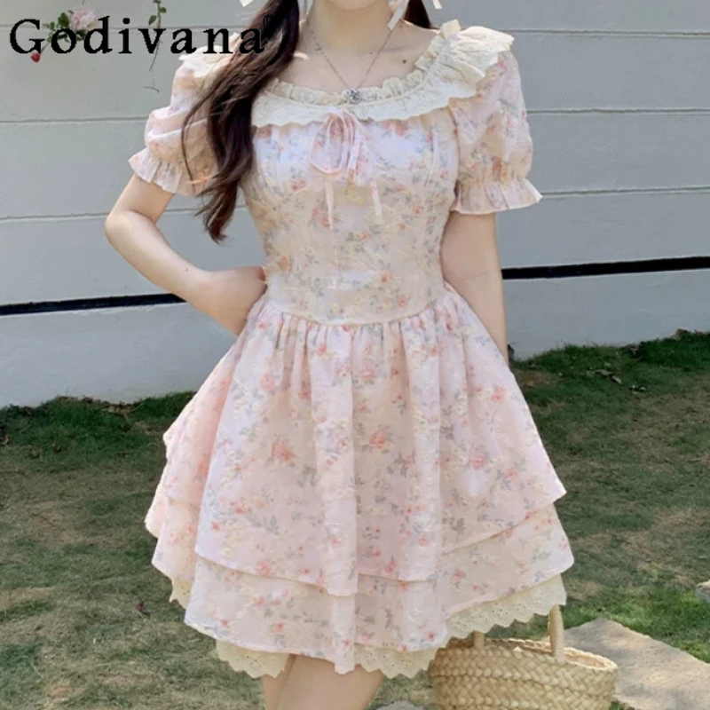 

Large Size Sweet Square Collar Summer Princess Cake Floral Dress Fashion High Waist A-line Age Reduction Sweet Girl Dresses