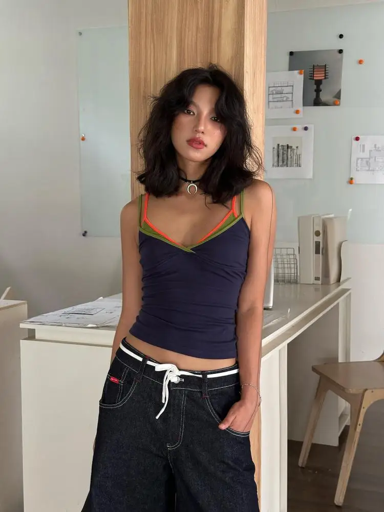 Yedinas streetwear 패치 워크 캐미솔 민소매 티셔츠 홀터 탑 2000 년대 의류 y2k 슬림 편안한 한국어 camis 여름 세련된